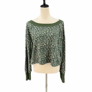 Anthropologie Daily Practice Green Confetti Boat Neck Cropped Pull On Sweatshirt